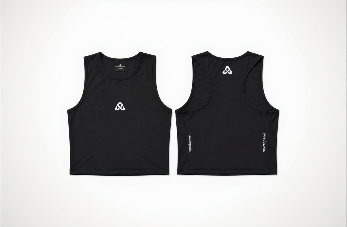Black sleeveless athletic tank top shown from the front and back on a white background, featuring a white geometric logo on the chest and upper back, with vertical white text on the sides.