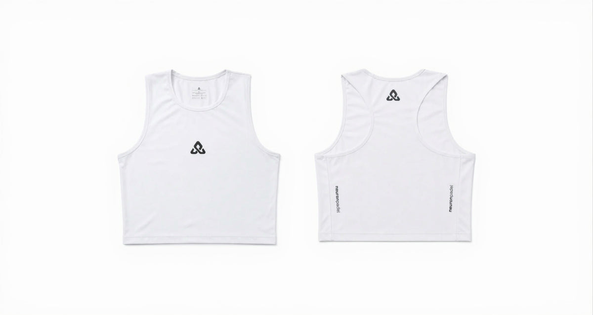 White sleeveless athletic tank top shown from the front and back on a plain white background. The front features a small black geometric triangle logo on the left chest, and the back has a larger matching triangle logo centered above the shoulder straps, with vertical text near the lower sides.